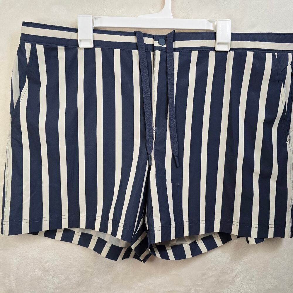Vrst Striped resort swim shorts with navy and white vertical stripes NWT *FLAW*